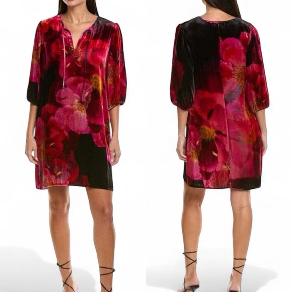 Johnny Was Vesna Mini Dress S Ruby Bloom Silk Blend Velvet Floral Boho NWT